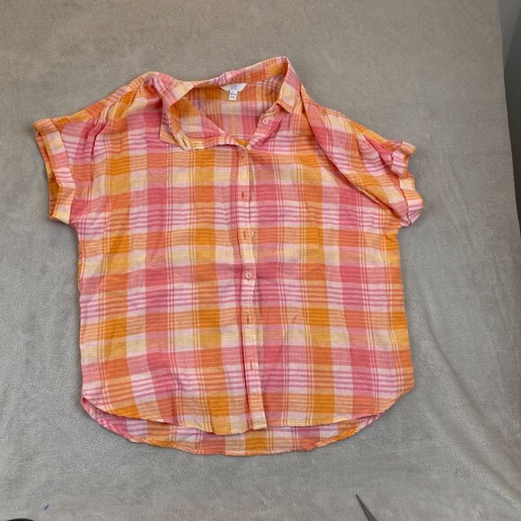 Time & Tru Women's Linen Blend Shirt L Plaid Button-Up Pink Orange Short Sleeve - Picture 13 of 14